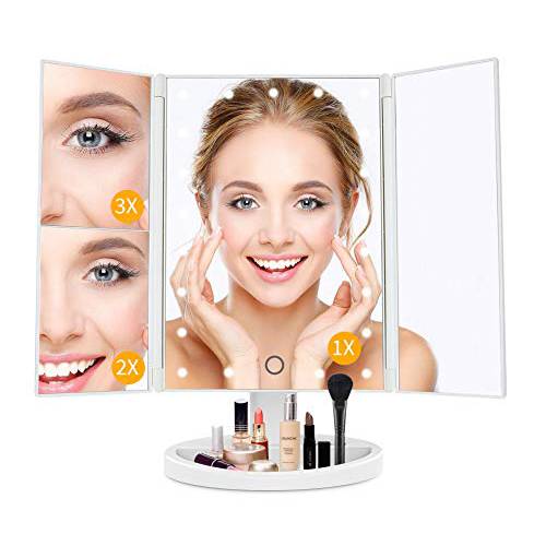 JAMIEWIN Lighted Makeup Mirror 3X/2X/1X Magnification 21 LED Trifold Vanity Mirror with Touch Sensor Dimming Portable Travel Mirror Best Xmas Gifts for Women Girls