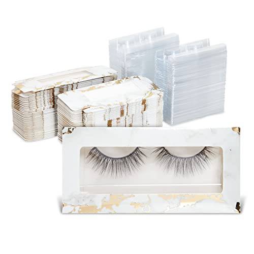 100 Pack Empty Eyelash Packaging Box with Tray, Marble Gold Foil False Lash Holder Case for Wholesale