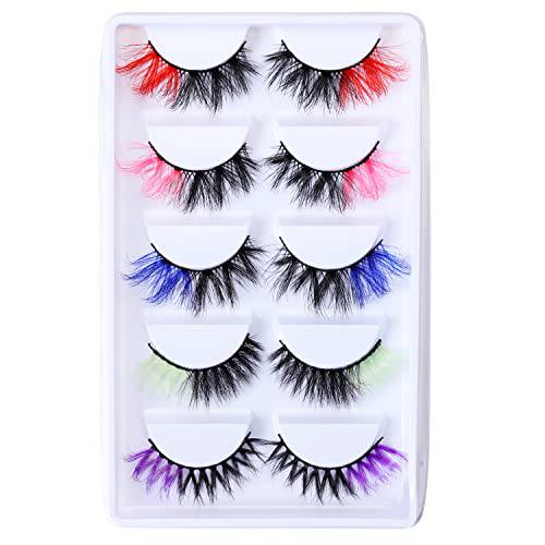 gootrades 5 Pairs Colored False Eyelashes Pack, 3D Fluffy Faux Mink Color Eye Lashes Strip Wipsy Multicolored Two-Toned Fake Lashes for Daily Christmas Cosplay, Red/Pink/Blue/Green/Purple Lashes on the End