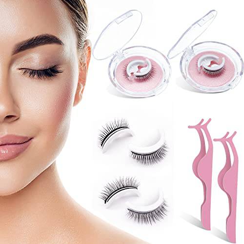 2 Pair Reusable Self-Adhesive Eyelashes Without Glue, Waterproof Eyelashes Natural Look, Easy Eyelashes to Put on with 2 Tweezers, Light Weight Curled Reusable Eyelashes Kit for Girls (Long&Natural)