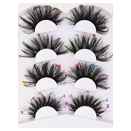 4 Colored Lashes 6D Fluffy Mink Eyelashes Dramatic Eye Lashes with Butterflies Set Halloween Cosplay Daily Costumes Long Fake Eyelashes (4 Colors )
