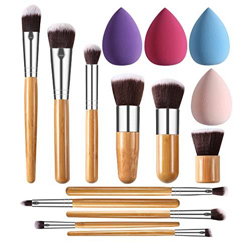 Makeup Brushes Bamboo Makeup Brush Set - START MAKERS 11Pcs Make Up Brushes with 4pcs Makeup Sponges Premium Foundation Powder Concealer Contour Eyeshadow Blush Brush Travel Kit