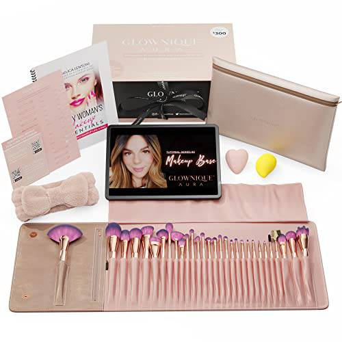 Glownique Aura - 30 Rose Gold Pink Premium Makeup and Skincare Labeled Vegan Brushes with Travel Case Set - Professional Influencer Tutorials, eBook, Blender, Headband - Complete Pro Makeup Kit - Flawless Blend for Powder, Liquid and Cream Foundation