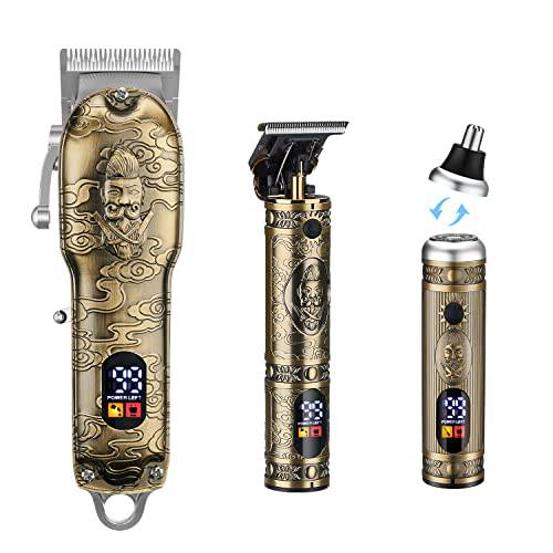 JTTJDB Professional Hair Clippers Set for Barber,Men Cordless Clippers for Hair Cutting,USB Rechargeable T-Blade/Nose Hair/Beard Trimmer Kit - LCD Display,Gold Knight