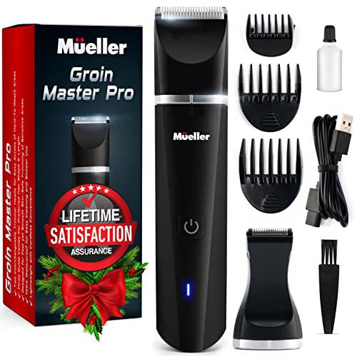 Mueller Pro Hair Trimmer 5.0 Groinscaper, Waterproof Wet/Dry Clippers, Replaceable SkinSaver Ceramic Blade Heads, Rechargeable, Ultimate Male Hygiene Razor, Wireless Charging, Red