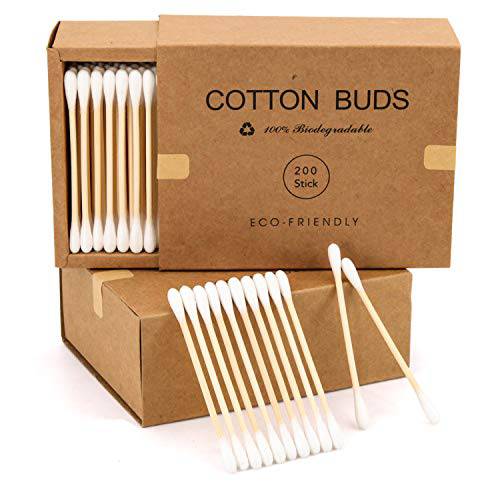 400 Bamboo Cotton Swabs Wooden Cotton Buds, Cotton Swabs Wood Sticks, Dual Cotton Tipped Applicators Organic Cotton Swabs, Recyclable Cotton Buds for Ear Cleaning, Makeup