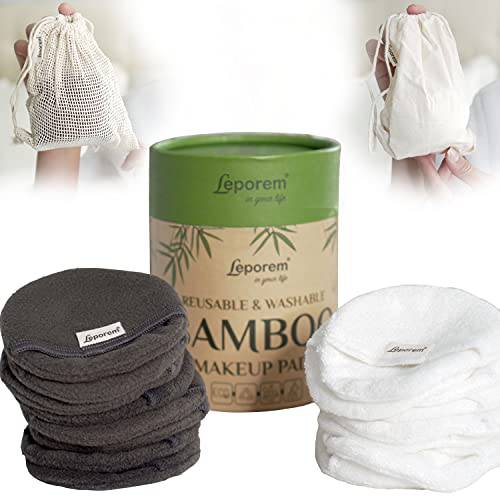 Reusable Makeup Remover Pads - Machine Washable Four Layer Bamboo Makeup Remover Cloth with Pocket, Organic Face Pads with Cotton Mesh Washing Bag and Premium Storage Cotton Bag (Grey + White)