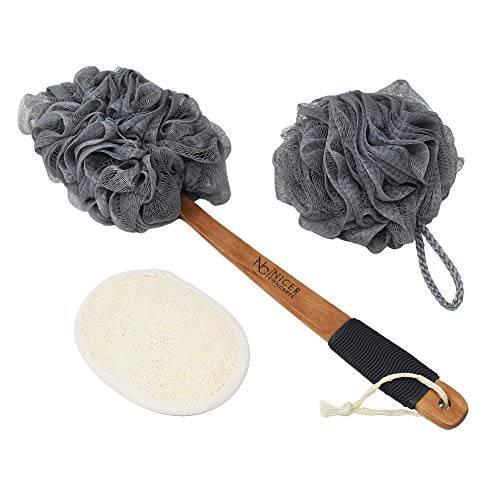 Nicer Concepts Exfoliating Loofah Back Scrubber and Loofah Set - Includes Loofah on a Stick, Extra Large Loofah Sponge, Face Scrubber - For Men and Women’s Shower and Bath Use, Back and Body