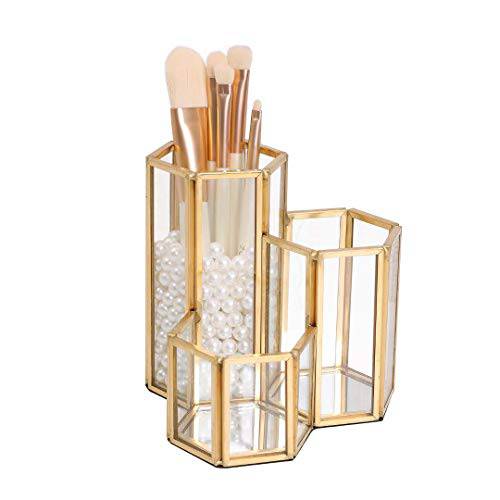 K COOL Decorative Makeup Brush Holder Pen Pencil Holder for Desk Organizer Gold Glass Cosmetic Display Cases Pot for Women Girls
