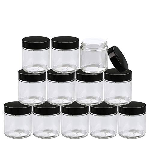 Encheng 12Pack of 4 oz Clear Round Glass Jars, with Inner Liners and black Lids,Empty Cosmetic Containers,Cream jars … …