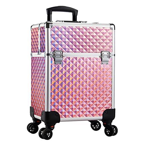 Stagiant Rolling Makeup Train Case Large Storage Cosmetic Trolley 4 Tray with Sliding Rail Removable Middle Layer with Key Swivel Wheels Salon Barber Case Traveling Cart Trunk