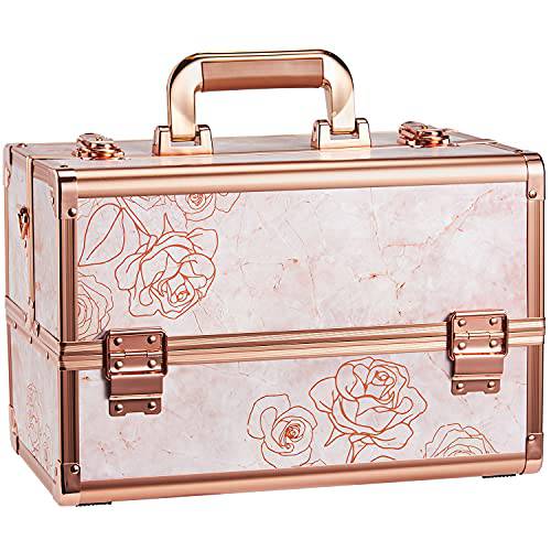Joligrace Makeup Train Case Professional - 13.5 Inch Portable Artist Lockable Aluminum Cosmetic Organizer Storage Box with 4 Adjustable Dividers Trays 2 Locks and Shoulder Strap Rose Gold