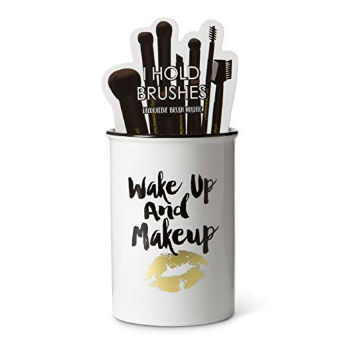 Ceramic Makeup Brush Holder Storage with Cute Sayings, Cosmetic Organizer for Make Up Brushes and Accessories - Round White Cosmetics Cup for Bathroom Vanity Countertop (Wake up and Makeup)