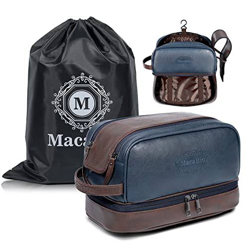 MacaRio Toiletry Bag for Men, Large PU Leather Mens Travel Shaving Shower Toiletries Bag, Deep Blue and Coffee
