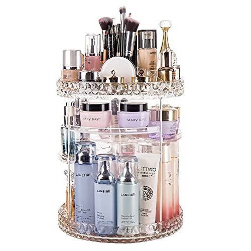 Twinkie Molly Makeup Organizer 360 Rotating Adjustable Cosmetic Storage Acrylic Clear Display Case with Large Capacity, Fits Jewelry,Makeup Brushes, Lipsticks and More(Diamond Queen Style)