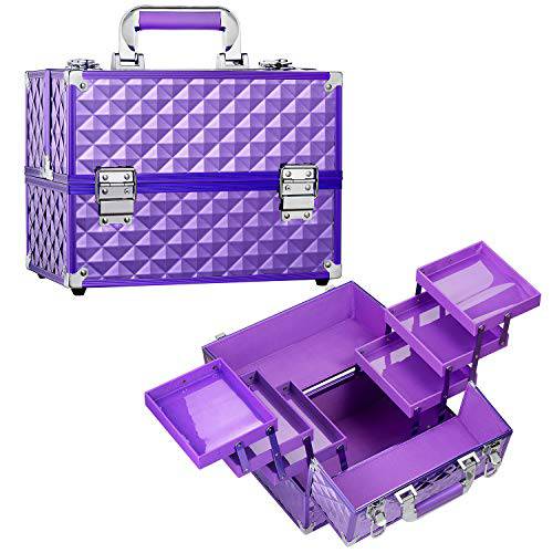 Frenessa Makeup Organizer Case 12 Inch Large Cosmetic Train Case Portable Travel Makeup Box 6 Trays Makeup Storage Box with Lockable keys for Makeup Artist, Mobile stylist, Makeup Tools Travel Makeup Case Purple