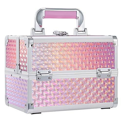 Frenessa Portable Makeup Train Case Cosmetic Box Nail Kit Storage Organizer for Girls Makeup, Nail Tech, Crafter 2 Trays with Mirror Stain Proof Films Makeup Storage Box - Glitter Pink
