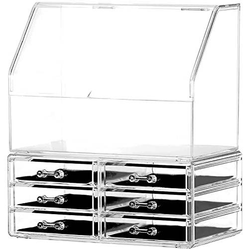 Cq acrylic Cosmetic Display Cases With LId Dust Water Proof for Bathroom Countertop Stackable Large Clear Makeup Organizer and Storage With 6 Drawers,Set of 2