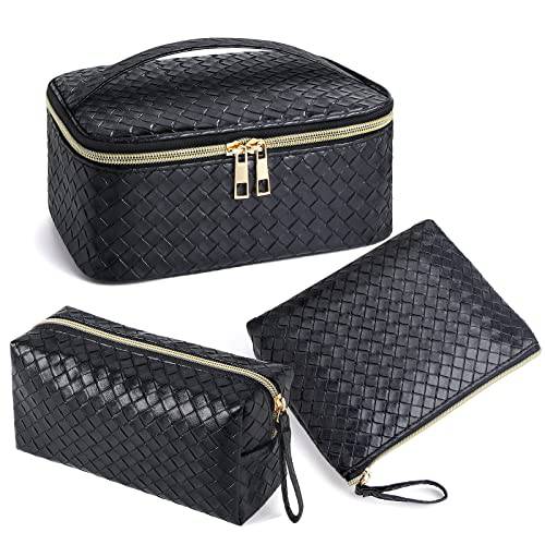 MAGEFY Cosmetic Bag 3 Pcs Portable Waterproof Travel Makeup Bag Organizer Multifunction PU Leather Toiletry Bag For Women and Girls, Black
