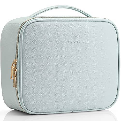 Vlando Leather Travel Makeup Train Case - Makeup Cosmetic Case Organizer Portable Artist Storage Bag with Adjustable Dividers for Cosmetics Makeup Brushes Toiletry Jewelry Digital Accessories Blue