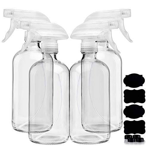 Clear Glass Spray Bottles For Cleaning Solutions (4 Pack) - 16 Ounce, Refillable Sprayer for Essential Oil, Water, Kitchen, Hair. Durable Black Trigger Sprayer w/Mist and Stream Settings (Clear)