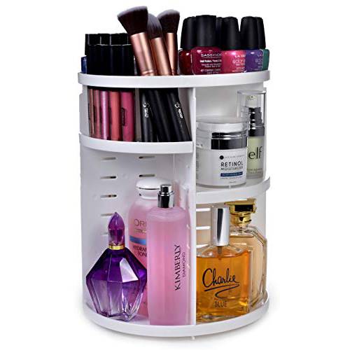 Masirs 360 Rotating Makeup Organizer - Adjustable Shelf Height and Fully Rotatable. The Perfect Cosmetic Organizer for Bedroom Dresser or Vanity Countertop. (White)