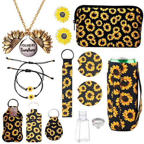 12PCS Sunflower Accessories,Sunflower Gift Box,Sunflower Necklace,Sunflower Bracelet,Sunflower Earrings,Sunflower Makeup Bag,Lipstick Holder Keychain,Wristlet Keychain,Slim Can Holder,Car Coaster