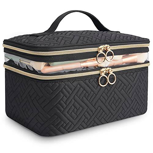 KIPBELIF Exquisite Large Travel Makeup Bag - Double Layer Makeup Case Organizer with Carry Handle, Cosmetic Bag with Top Layer for Brushes, Tweezers, Eyeliner, Pink