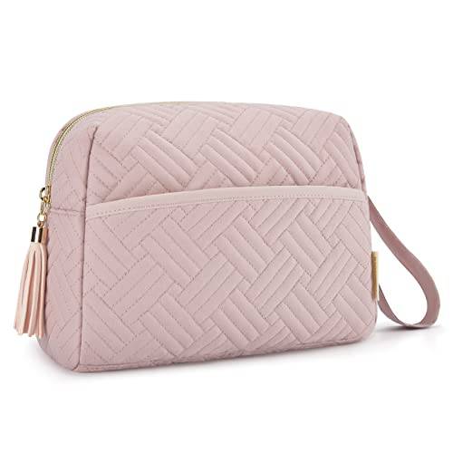 BAGSMART Makeup Bag, Elegant Roomy Cosmetic Pouch for Purse,Travel Zipper Pouch,Water-resistant Toiletry Bag,Makeup Accessories Organizer,Pink
