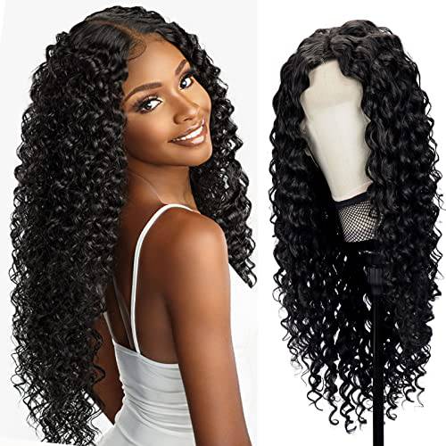 Synthetic Lace Front Wig 24inch Long Black Wig Deep Curly T-Part Lace Front Wigs for Women Glueless Heat Resistant Synthetic Replacement Hair Wig For Women180% Density (1B)
