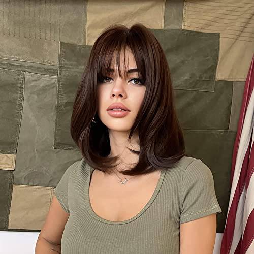 HAIRCUBE Short Brown Bob Wig With Bangs,Shoulder Length Wigs for Women Short Wavy Women’s Wigs Natural Looking Heat Resistant Synthetic Wigs Natural Enough to Meet Your Daily Use