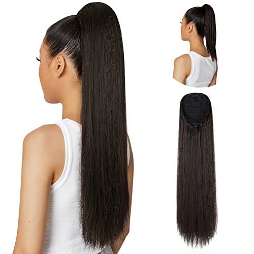 SEIKEA 28 Ponytail Extensions Drawstring Long Straight Fake Pony Tail Natural Soft Clip in Hair Extension Synthetic Heat Resistant Hairpiece - Black