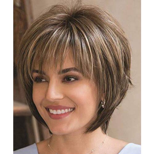 Short Brown Pixie Cut Wigs for White Women with Bangs Layered Mixed Blonde Straight Synthetic Hair Wig Heat Resistant Wig for Daily Use