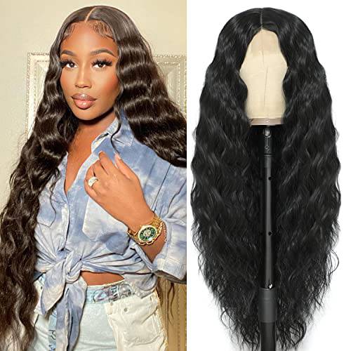 32 Long Curly Synthetic Wigs for Black Women Fake Scalp Wig Deep Wave Lace Front Wig Middle Part Natural Looking, Color 1B