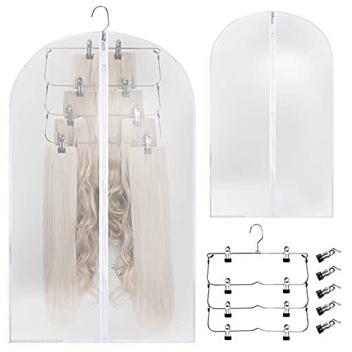 REECHO Hair Extensions Storage Set, Dust Garment Bags with Hanger and Flexible Clips, UP TO 15PCS Hair Extensions Storage Space Wig Bags Suitable for Wigs, Hairpieces