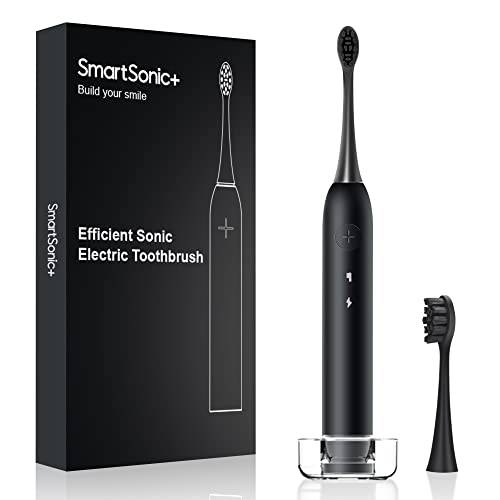 Smart Electric Toothbrush for Adults，SmartSonic+ Rechargeable Sonic Electric Toothbrush with 2 Duponts Brush Heads, 3 Modes 28000 VPM Motor(Black)