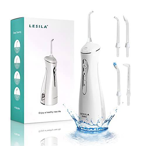 LESILA Cordless Water Flosser IPX7 Waterproof 3 Cleaning Modes with 4 Jet Tips Portable and Rechargeable Teeth Cleaner for Home Travel（White））