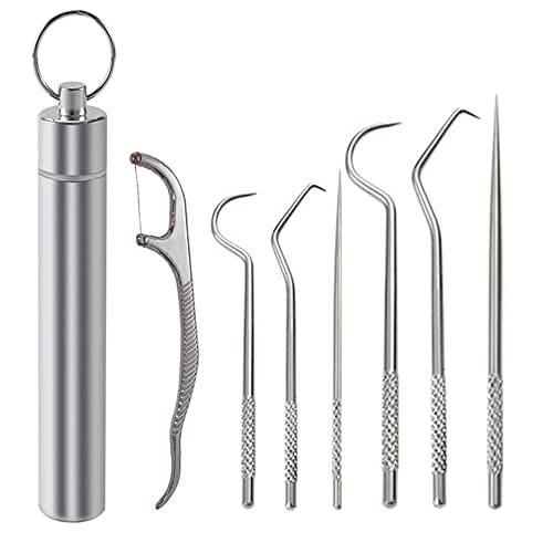 bonmall Dental Teeth Pick Stainless Steel Toothpick Set Reusable Tooth Stains Remover Dental Tool Teeth Cleaning Tools with Holder for Outdoor Picnic, Camping, Travel (7PCS/Set)