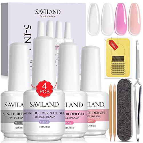 Saviland 9PCS 5 In 1 Builder Base Nail Gel Kit - 15ml 4 Colors Builder Nail Gel Set Clear White Pink Nudes Building Gel In a Bottle for Professional Nails Repair Nails Extension Nail Decoration