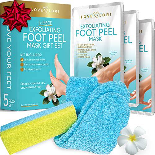 Foot Peel Mask 5pc Beauty Gift Sets - Feet Peeling Mask & Exfoliator - Foot Mask for Dry Cracked Feet Includes 3 Foot Masks, Pumice Stone & Socks, Self Care Gifts & Mother Day Gift Set by Love Lori