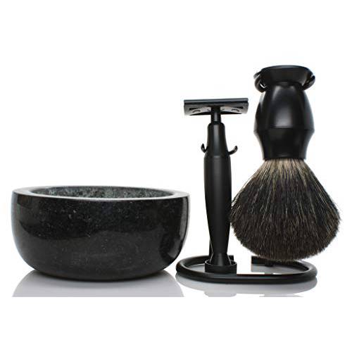 Maison Lambert black edition marble shaving set: shaving stand, safety razor, badger shaving brush and real marble shaving bowl