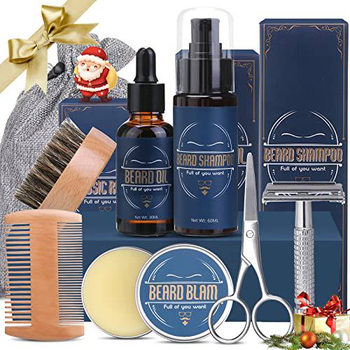 Beard Care Kit For Men, Complete Beard Kit with Beard Oil, Cream, Shampoo, Bristle Brush, Comb, Scissors, Haircut Cape, Mens Beard Gift Box Dad/Boyfriend