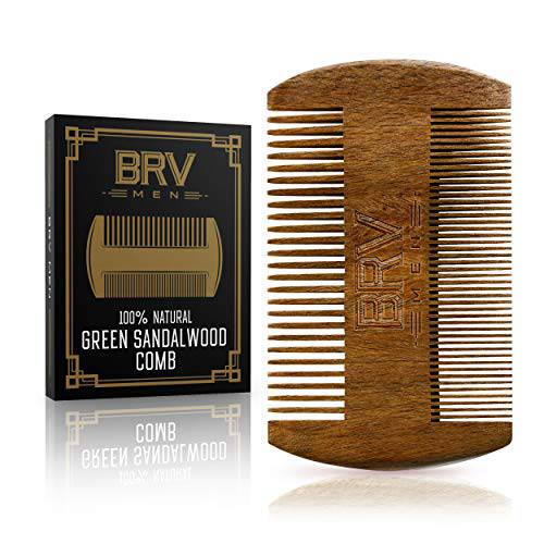 BRV MEN Beard & Mustache Comb - 100% Natural Green Sandalwood - Pocket Size, Comes with Carry Case - Works Perfectly with Your Beard Oil and Beard Balm - For All Types and Styles of Hair