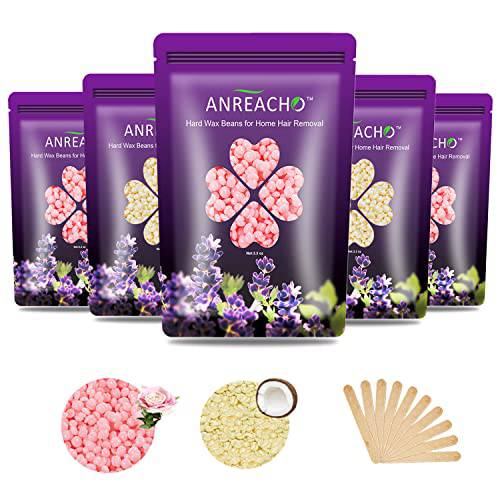 Wax Beads for Hair Removal, ANREACHO 17.5oz Waxing Beads for Brazilian Waxing, Hard Wax Beans for Bikini Face Eyebrow Back Chest Legs, At Home Hard Wax Beads refill with 10pcs Spatulas