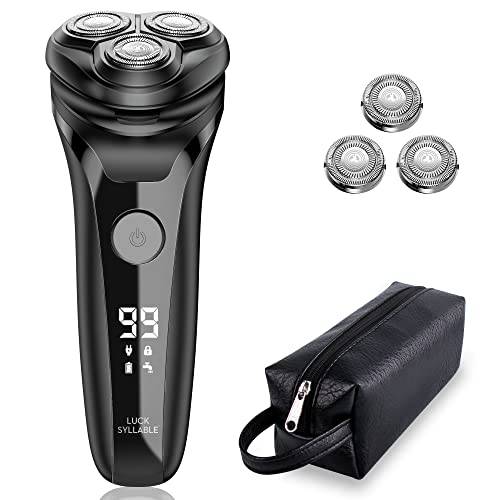 Men’s Electric Shaver, Rechargeable Rotary Razor with Pop-up Sideburn Trimmer and LCD Power Indicator, Fast Charging, Compact Wet and Dry Shaver