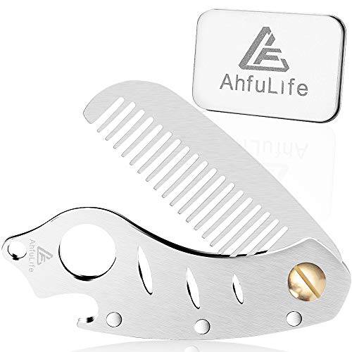 Stainless Steel Metal Hair & Beard Comb, AhfuLife Multifunctional Folding EDC Pocket Comb With Bottle Opener Fits In Keychain - Anti-Static Hair & Beard Care Comb Mustache Comb - Presented in Gift Box