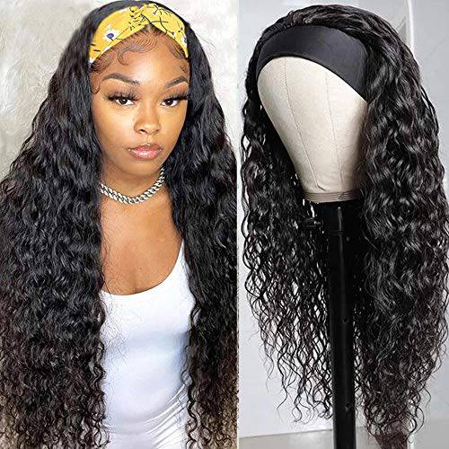 Urgirl Wet and Wavy Headband Wigs Human Hair Brazilian Virgin Hair Water Wave Headband Wigs for Black Women 150% Density Glueless Non Lace Front Wigs Half Wig with Headband Curly Hair Band Wig 18inch