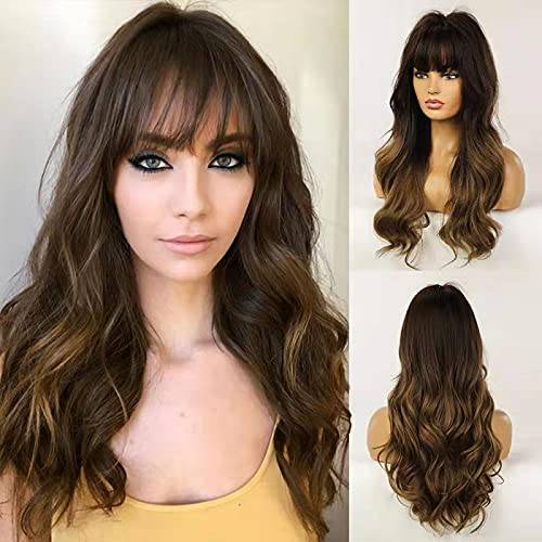 Esmee 24 Long Wig Synthetic Wigs for Women Dark Roots Long Wig with Bangs Brown Ombre Wavy Hair Heat Resistant Fibre for Daily Party Use...