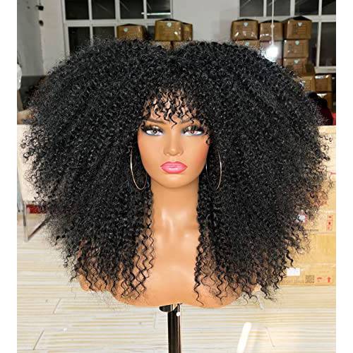 Sweece Long Curly Afro Wig With Bangs for Black Women Afro Bomb Kinky Curly Hair Wig Full and Soft Synthetic Wigs 18 Inch（Black）