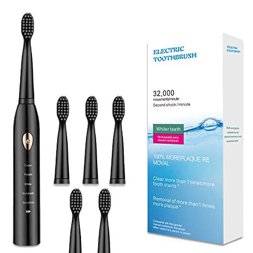 AIPOEXUNO Electric Toothbrush with 5 Brush Heads, Rechargeable Sonic Toothbrush, Modes Optional, USB Fast Charge Powered Last 30 Day, 2 Minute Smart Timing Reminder (Black) (XUANHONG)
